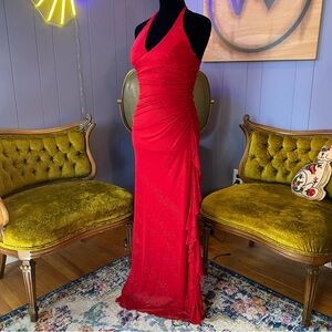 Vintage 90s/Y2k City Triangles Sparkling Cinderella Red Halter Prom Dress